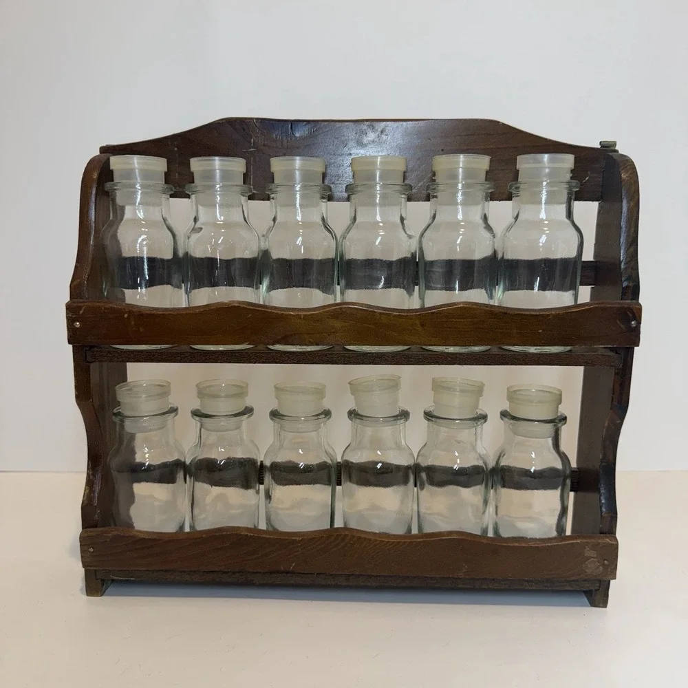 Vintage Wooden Hanging Spice Rack, 12 Glass Spice Bottles